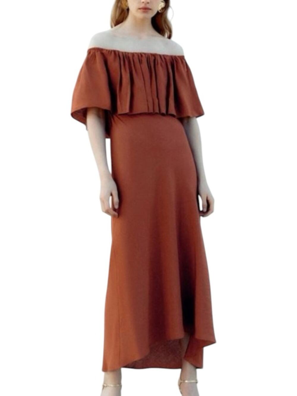 NWT Zara Terracota Linen Blend Off-Shoulder High-Low Maxi Dress LARGE in Rust
